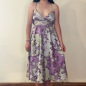 Donna Morgan Purple & Green Seafoam Floral Babydoll Style Midi Dress Size 8